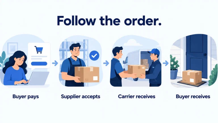 Illustrative buyer payment, supplier acceptance, carrier handoff and buyer receipt.