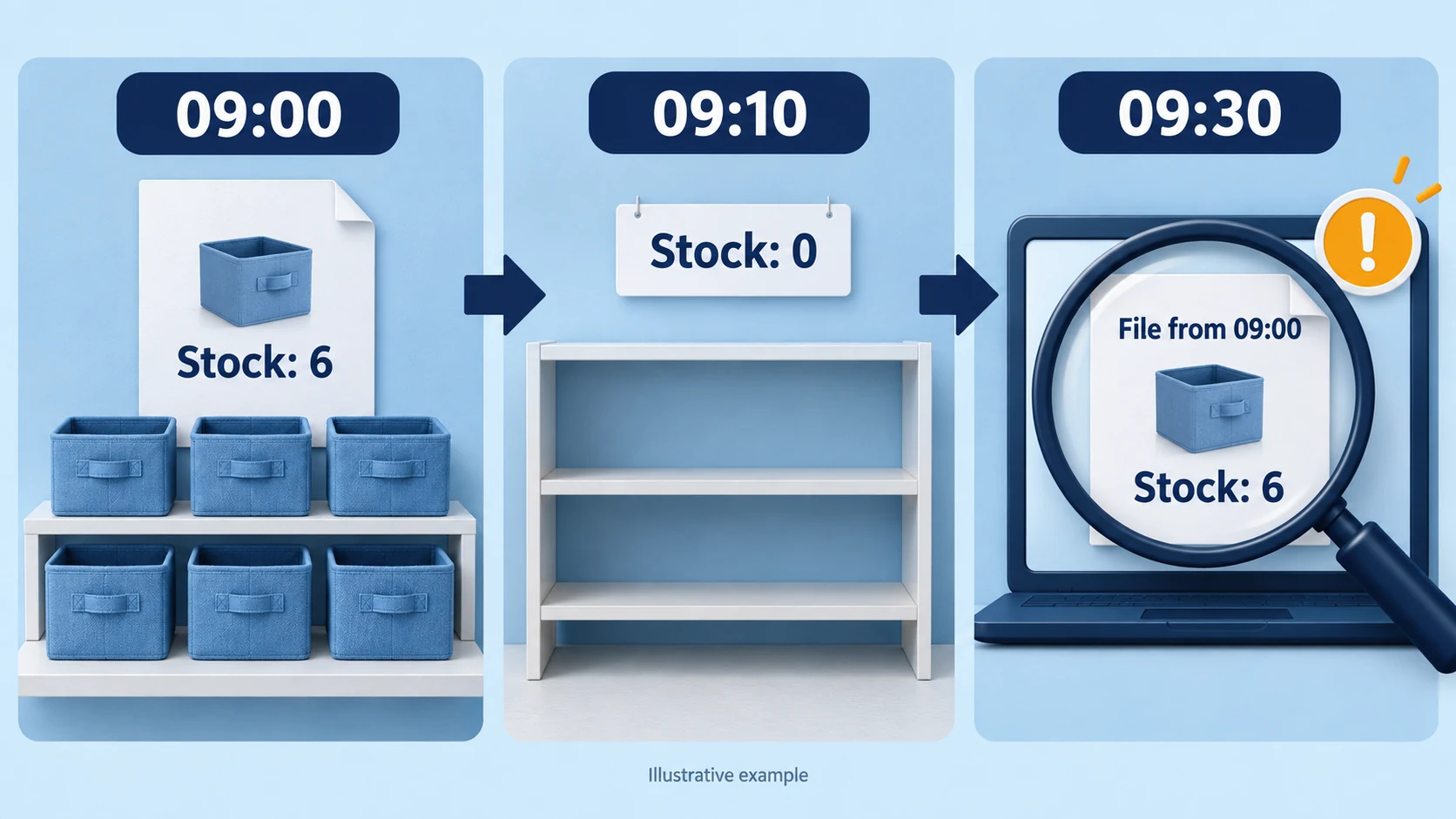 Three times show six units recorded at 09:00, no physical stock at 09:10 and the old file read at 09:30