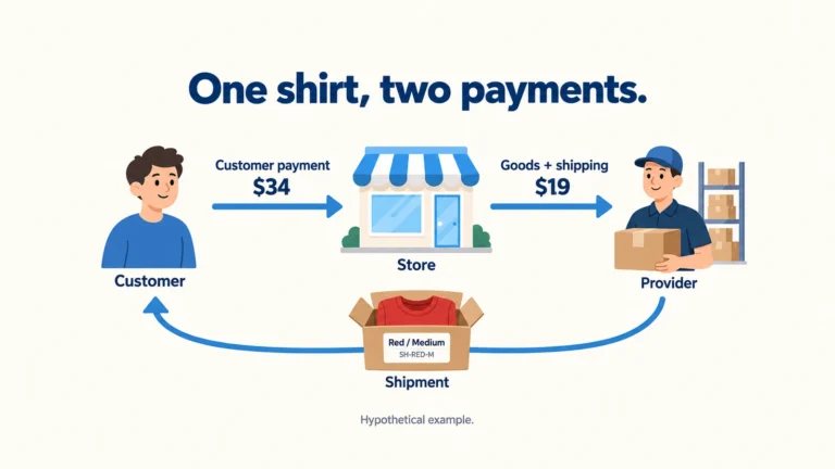 Illustrative Ecwid order: a red medium shirt maps to SH-RED-M, with separate customer and provider payments.