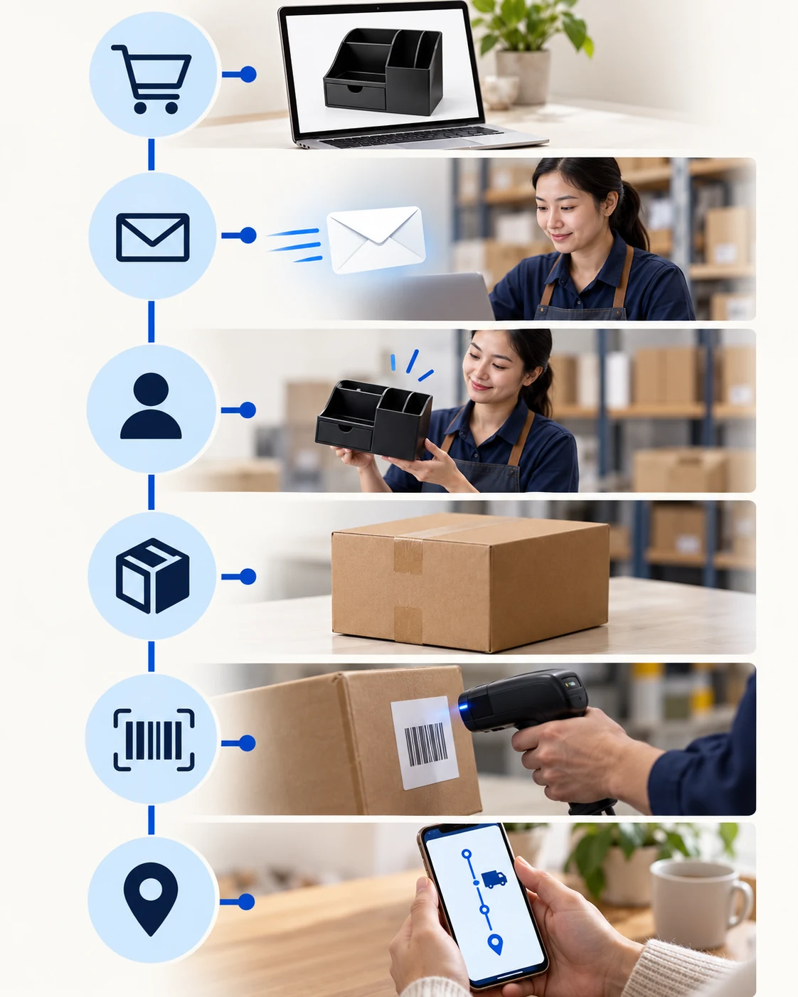 Illustrated stages from store order and distributor email to separate supplier acceptance, parcel, scan and buyer tracking