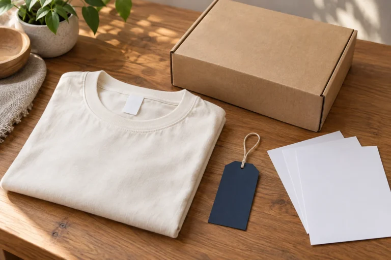 Illustrative plain garment, unmarked parcel, blank brand tag and separate policy papers.
