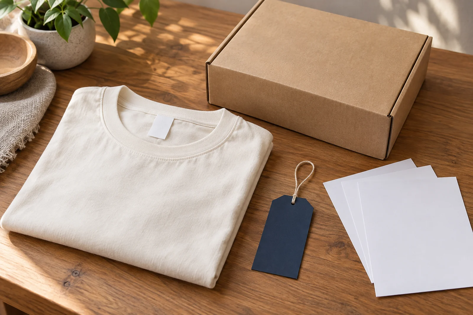 Illustrative plain garment, unmarked parcel, blank brand tag and separate policy papers.