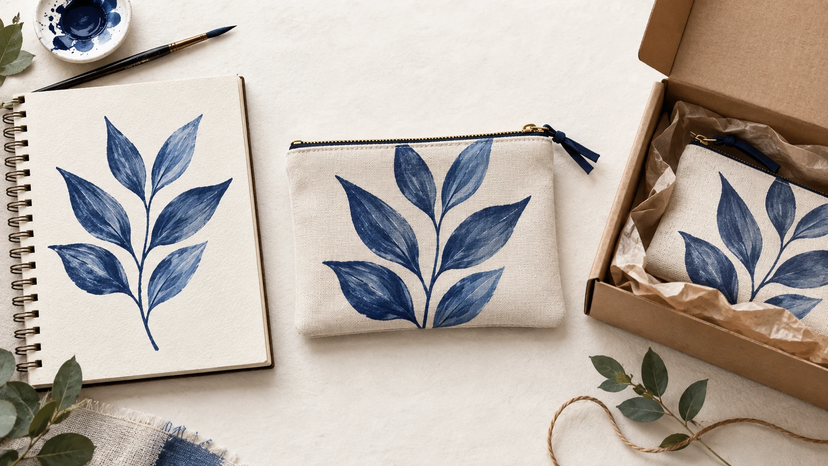 An original drawing beside the same design printed on a pouch and a ready-to-ship parcel