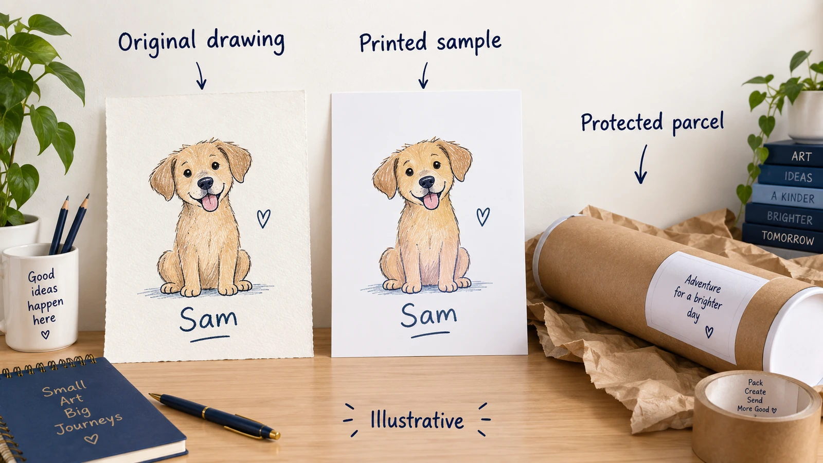 Illustrative original pet drawing, paper poster and protective tube.