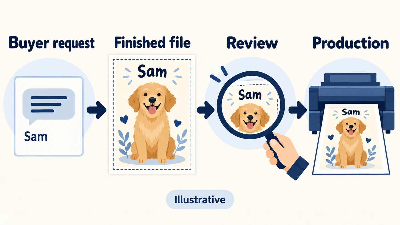 Illustrative personalized order: prepare the finished file with Sam, review it, then release it for production.