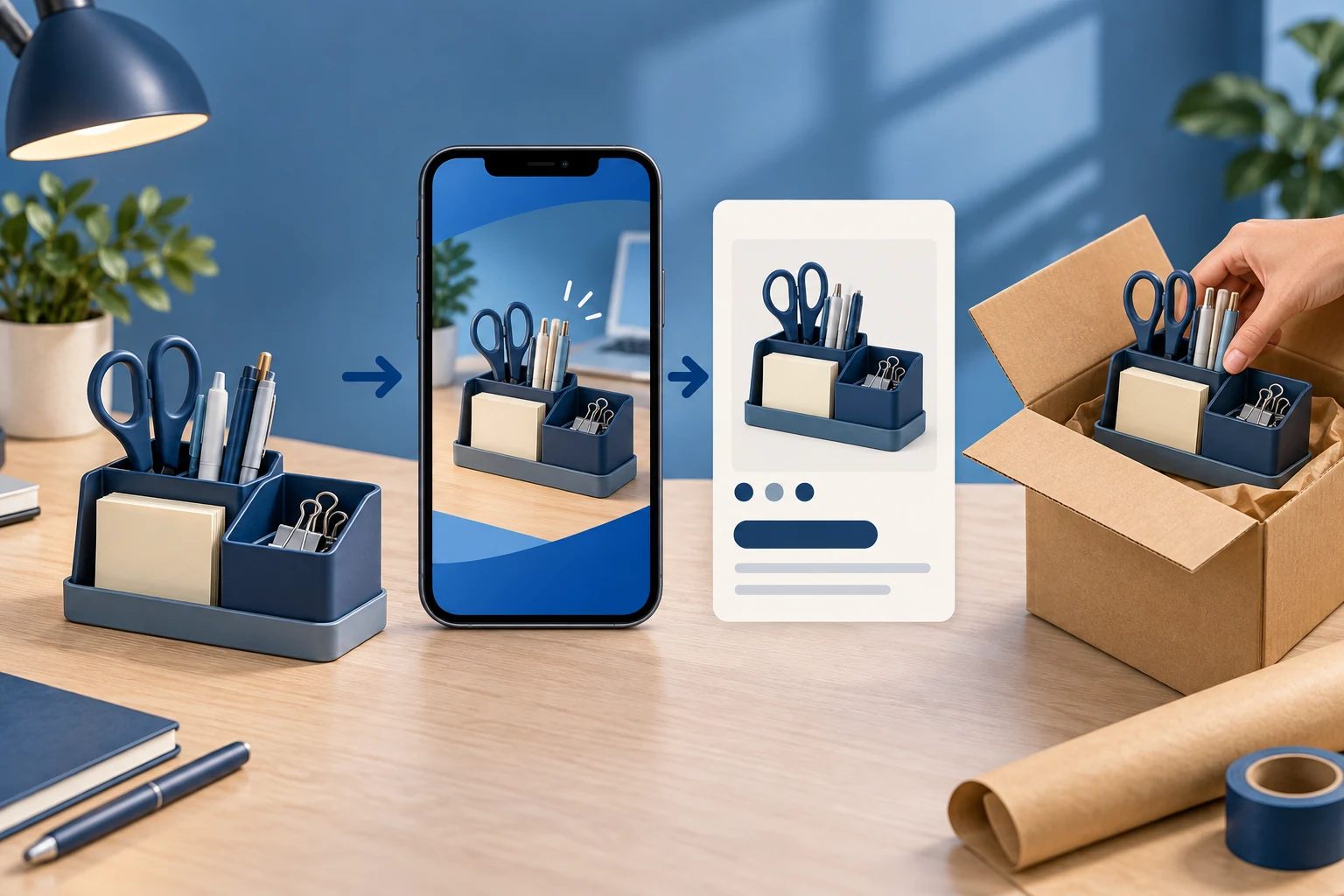 Conceptual illustration of one desk organizer shown as an ad, on a product page, and in a shipping carton.