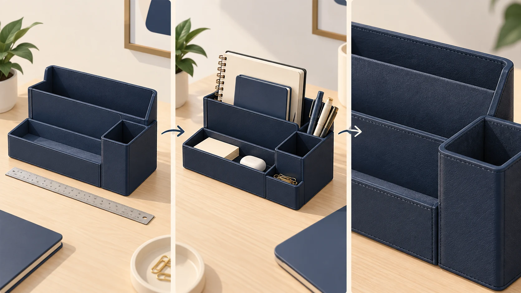 Illustrative desk-organizer views show dimensions, capacity and material as different creative questions.