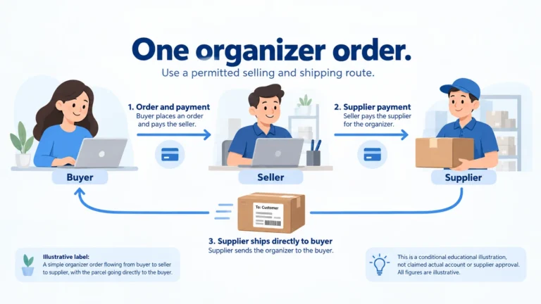 Illustrative organizer order: buyer pays seller, seller pays supplier and the supplier sends the parcel through a permitted route.