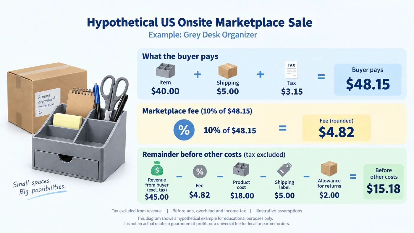 Illustrative US onsite organizer sale: a $48.15 checkout creates a $4.82 fee and leaves $15.18 under the stated cost assumptions.