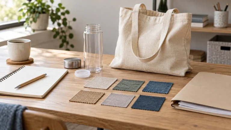 Unbranded notebook, plain refill container and fabric tote beside blank material samples on a clean desk