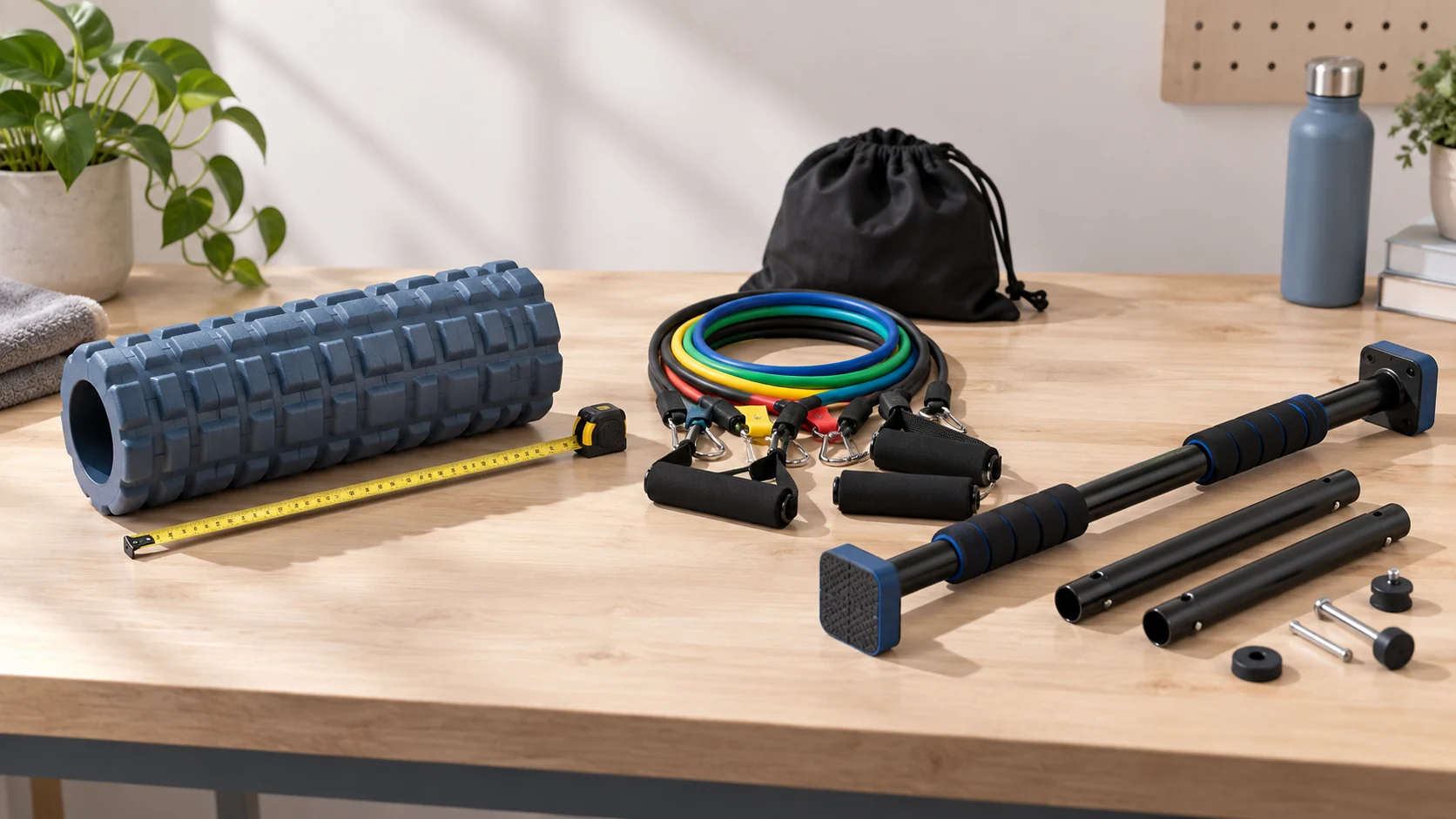 Unbranded foam roller, resistance bands and doorway exercise bar with separate parts on a clean studio table
