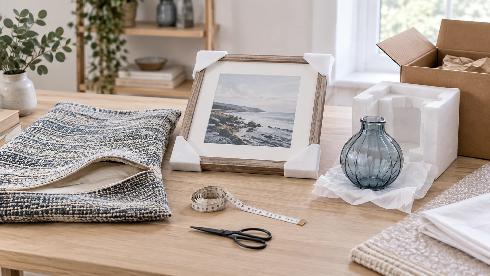 Unbranded cushion cover, framed print and glass vase beside different plain protective packages