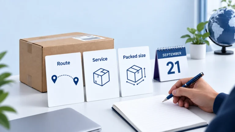 Illustrative parcel quote review comparing route, service and packed specification before September 21.