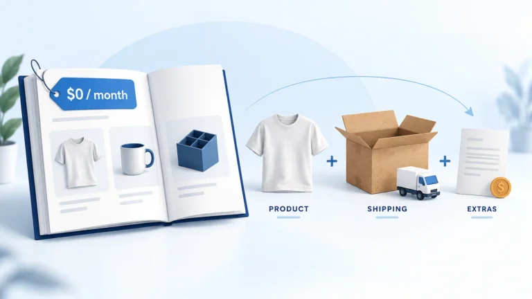 Illustration separating a zero monthly catalog fee from product, shipping and extra charges.
