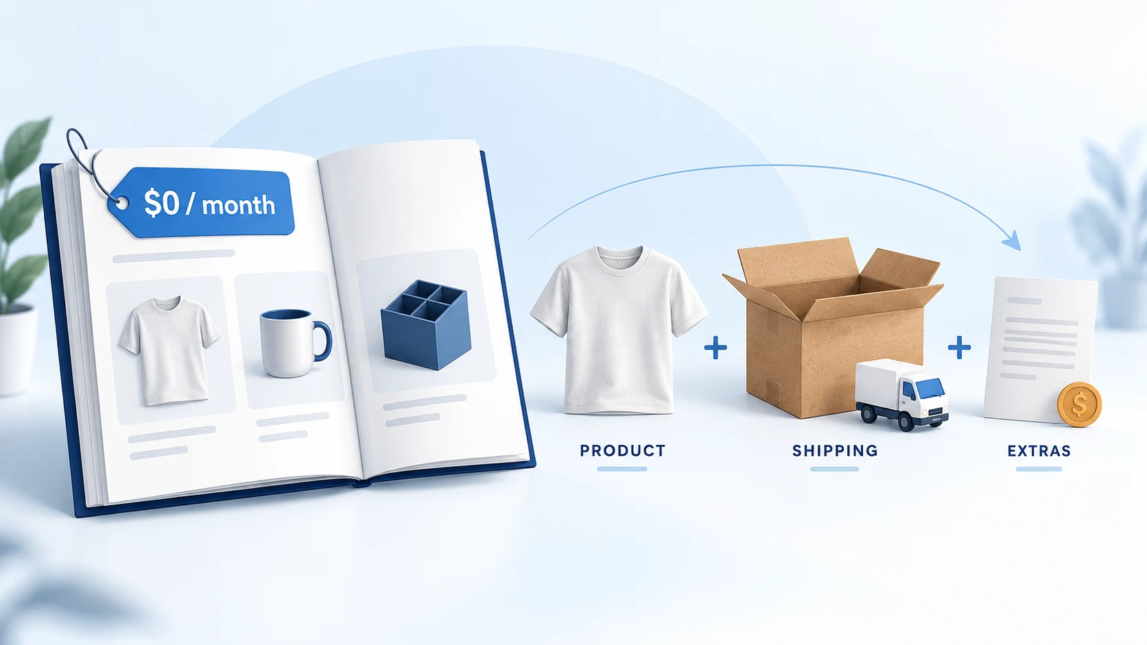 Illustration separating a zero monthly catalog fee from product, shipping and extra charges.