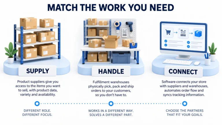 Separate conceptual supplier shelf, warehouse packing bench and software screen show supply, physical handling and connectivity.