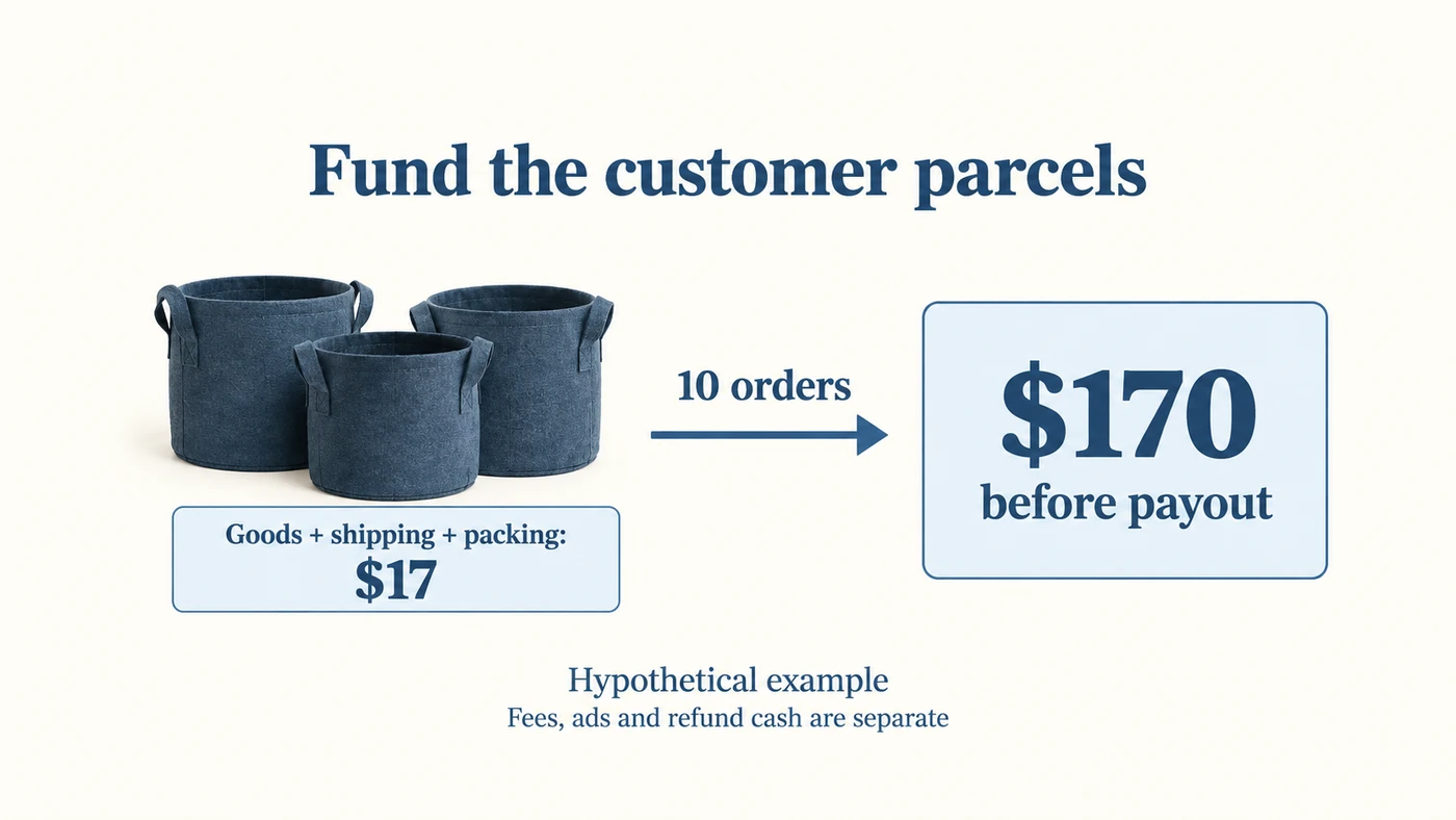 Illustrative funding example: ten grow-bag orders at $17 in goods, shipping and packing require $170 before store payout.