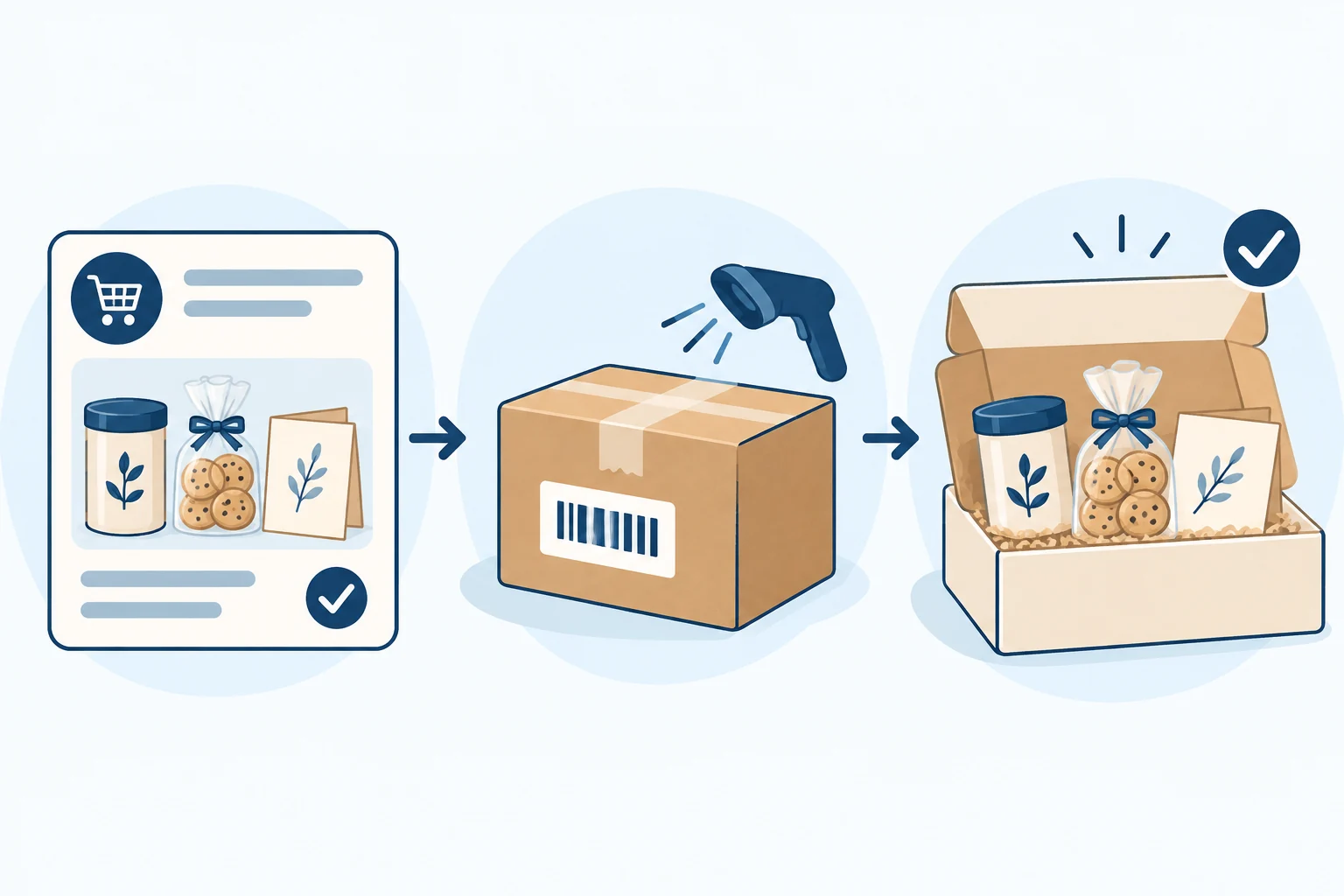 Illustrated sequence from accepted gift order to parcel tracking and recipient contents check.