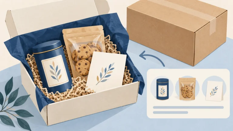 Illustration of a gift basket with tea, cookies and greeting card prepared for one recipient.