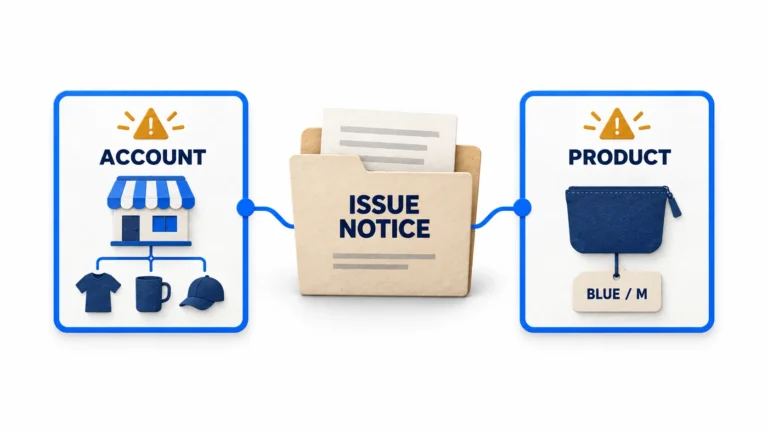 Conceptual issue notice branching to account-wide scope and a specific blue medium product.