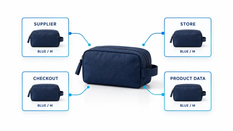 Conceptual illustration of one blue medium pouch represented consistently across supplier, store, checkout and product data.