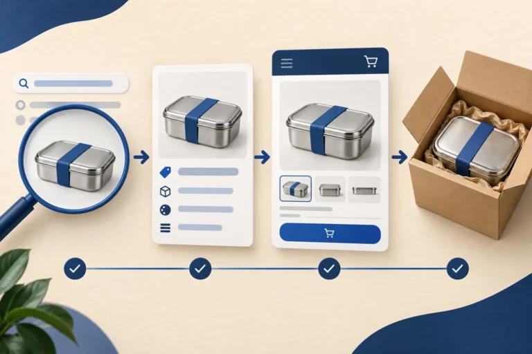 Conceptual search, product-data, store and parcel stages all show the same stainless lunch box.