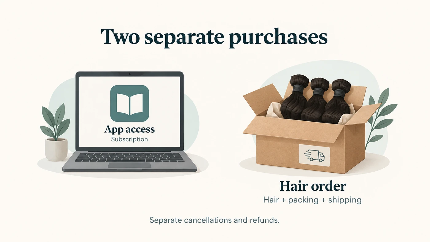 Illustration separating an app subscription from a physical hair order with packing and shipping.