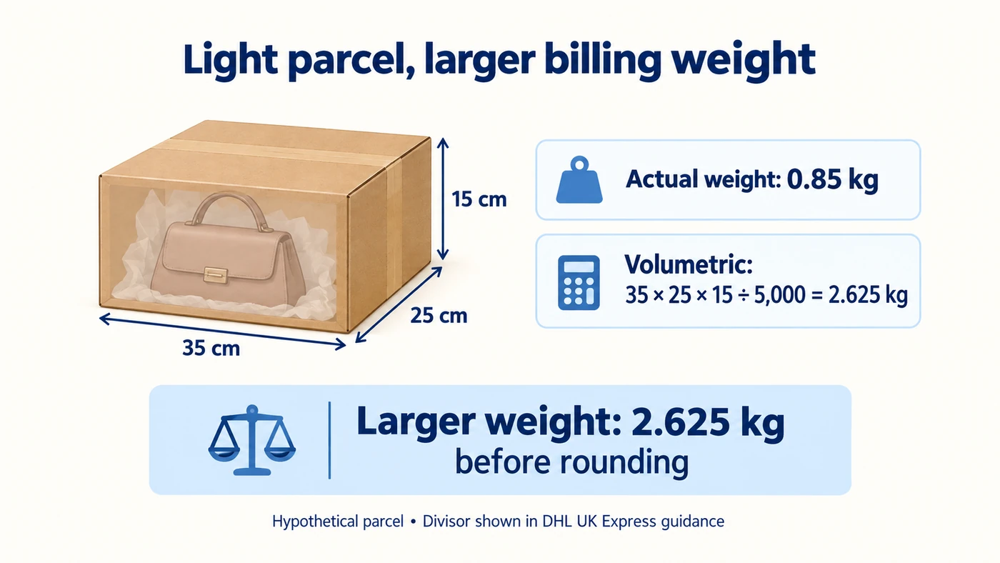 A hypothetical 35 by 25 by 15 centimeter parcel weighs 0.85 kilograms but has a volumetric weight of 2.625 kilograms with a divisor of 5000.