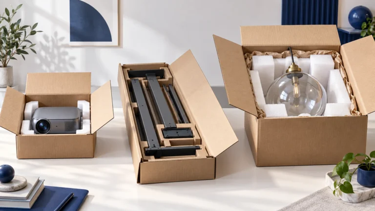 Generic projector, desk frame and glass light packed in differently sized protective cartons.