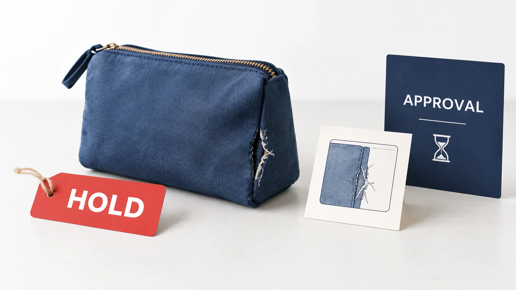 A pouch with a torn seam is held beside a defect record and an approval-pending card.