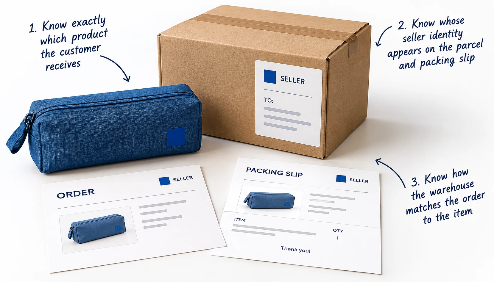 A blue pouch matched to an order, packing slip and parcel carrying the same illustrative seller mark