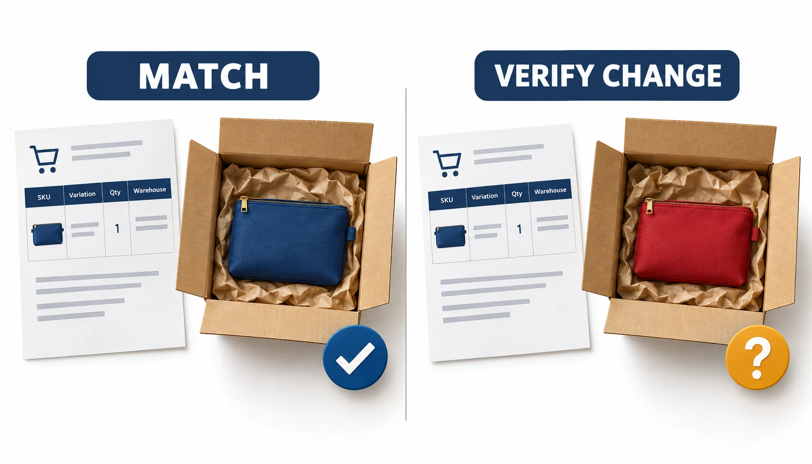 Two order checks compare a matching blue pouch with a red pouch that differs from the order