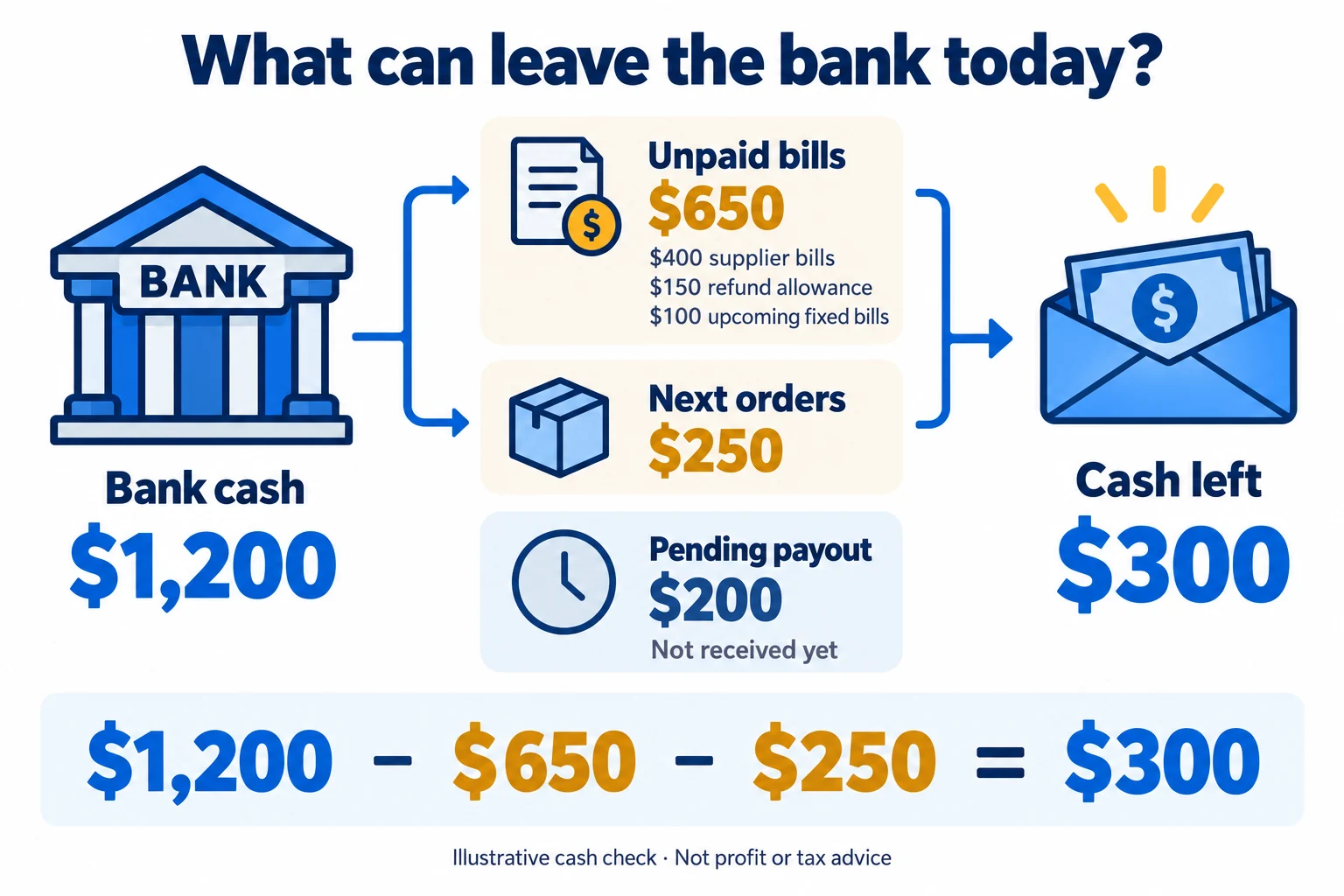 Illustrative bank cash of $1,200 minus $650 unpaid obligations and $250 for next orders leaves $300; a pending $200 payout is not included.