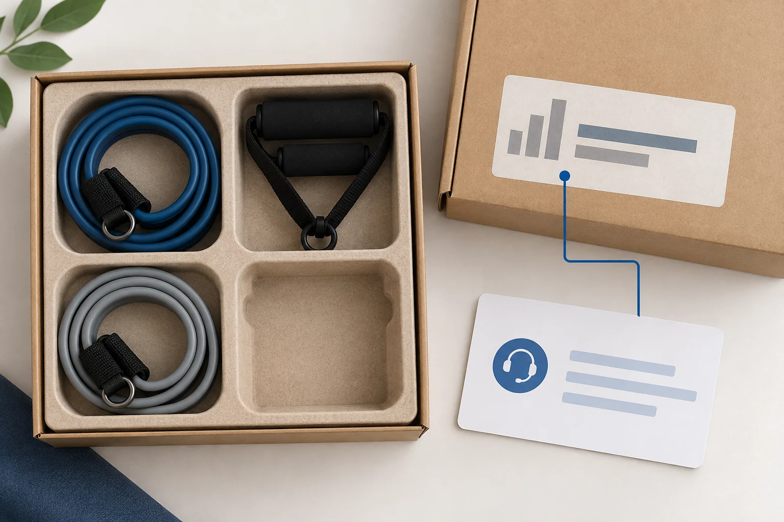 Conceptual resistance-band kit with a visible empty accessory slot beside a generic model marker and blank support card