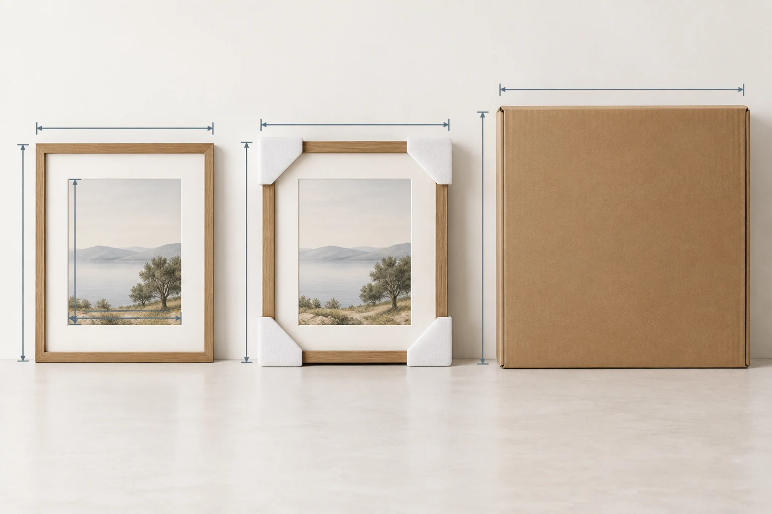 Framed print shown beside corner protection and its outer carton, distinguishing artwork, frame and parcel sizes