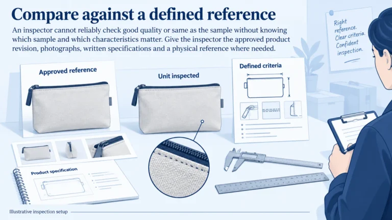 An approved product reference, inspected unit and defined criteria are compared in an illustrative inspection setup.