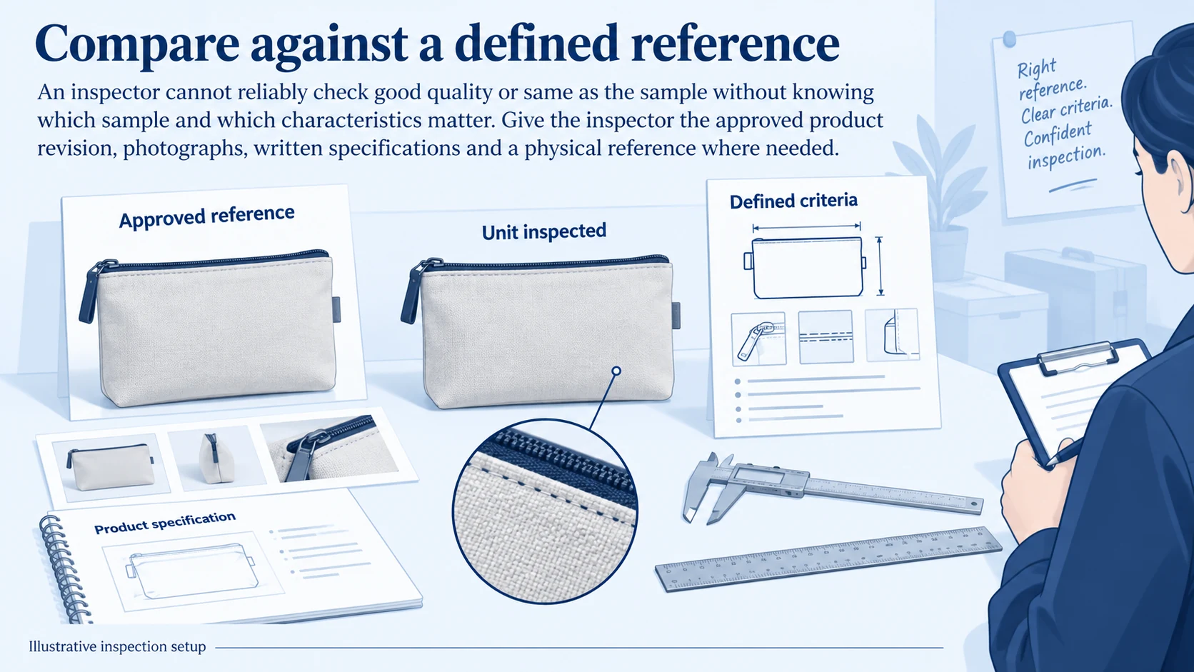 An approved product reference, inspected unit and defined criteria are compared in an illustrative inspection setup.
