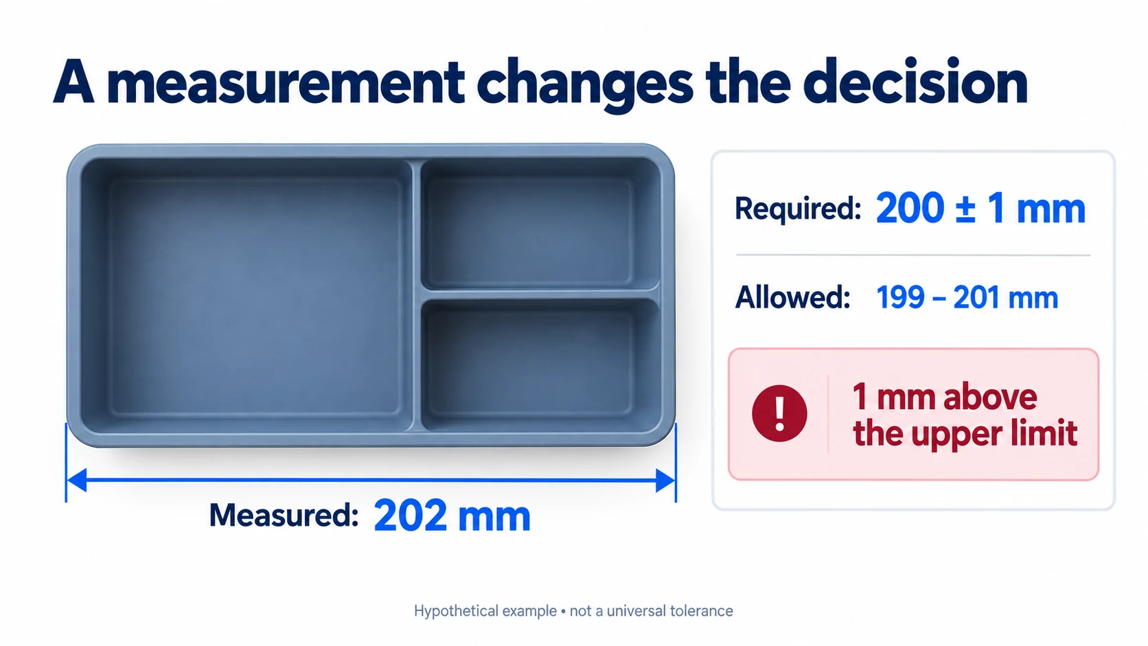 An illustrative storage insert measures 202 millimeters against an allowed width of 199 to 201 millimeters.