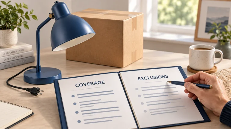 An unbranded desk lamp beside a folder showing coverage and exclusions.