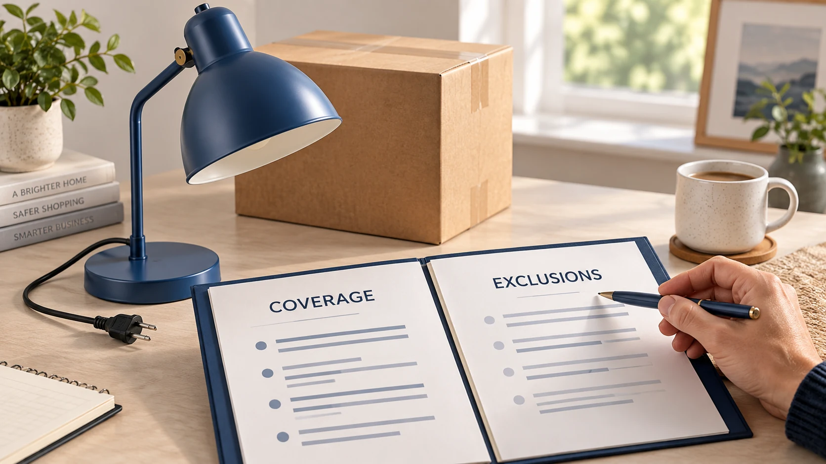 An unbranded desk lamp beside a folder showing coverage and exclusions.