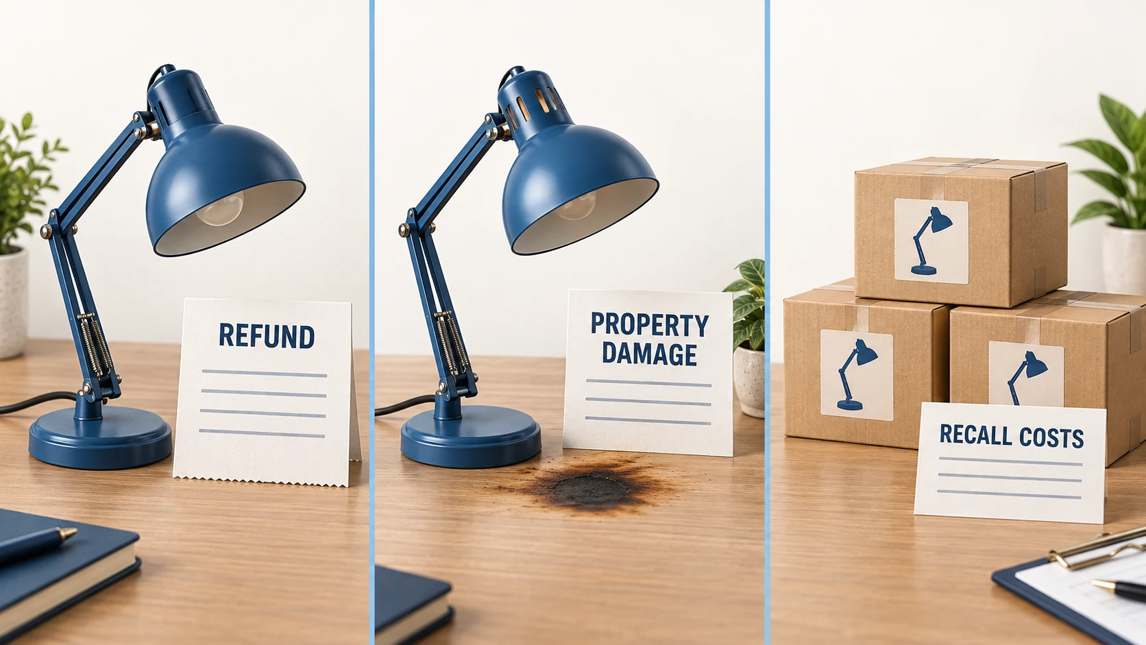 Three hypothetical lamp problems: a refund, damage to a desk, and boxed products for a recall.