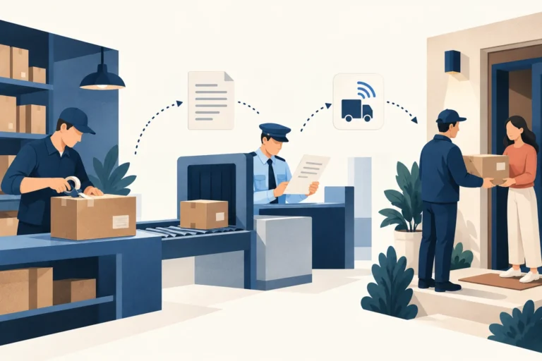 Conceptual illustration of a parcel moving from supplier dispatch through a customs checkpoint to a buyer, with paperwork and tracking handoffs.