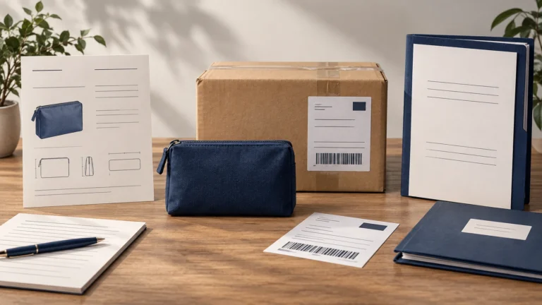 A retail parcel beside separate product, shipment and business records