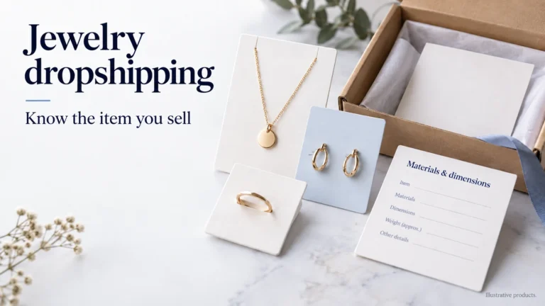 Illustrative necklace, ring and earrings beside a materials-and-dimensions card and plain packaging.