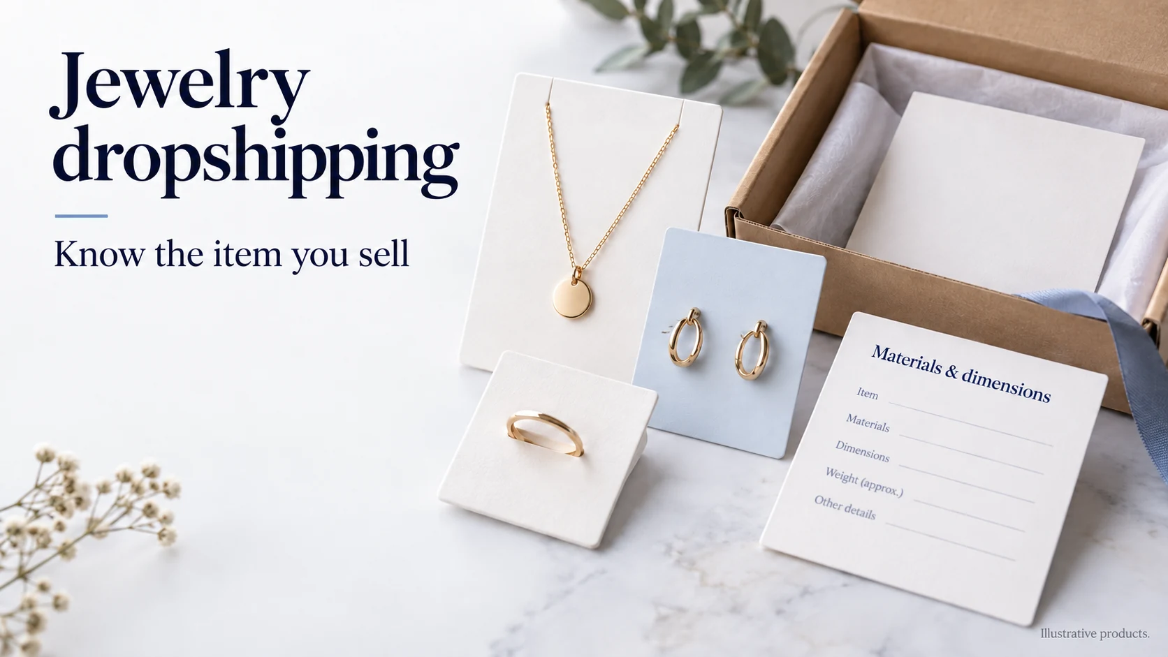 Illustrative necklace, ring and earrings beside a materials-and-dimensions card and plain packaging.