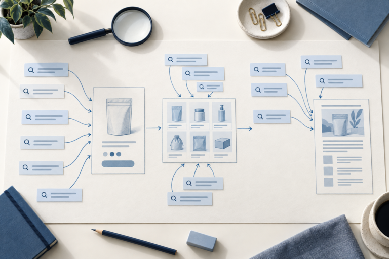 Editorial illustration of search-query slips connecting to product, collection and guide page types.