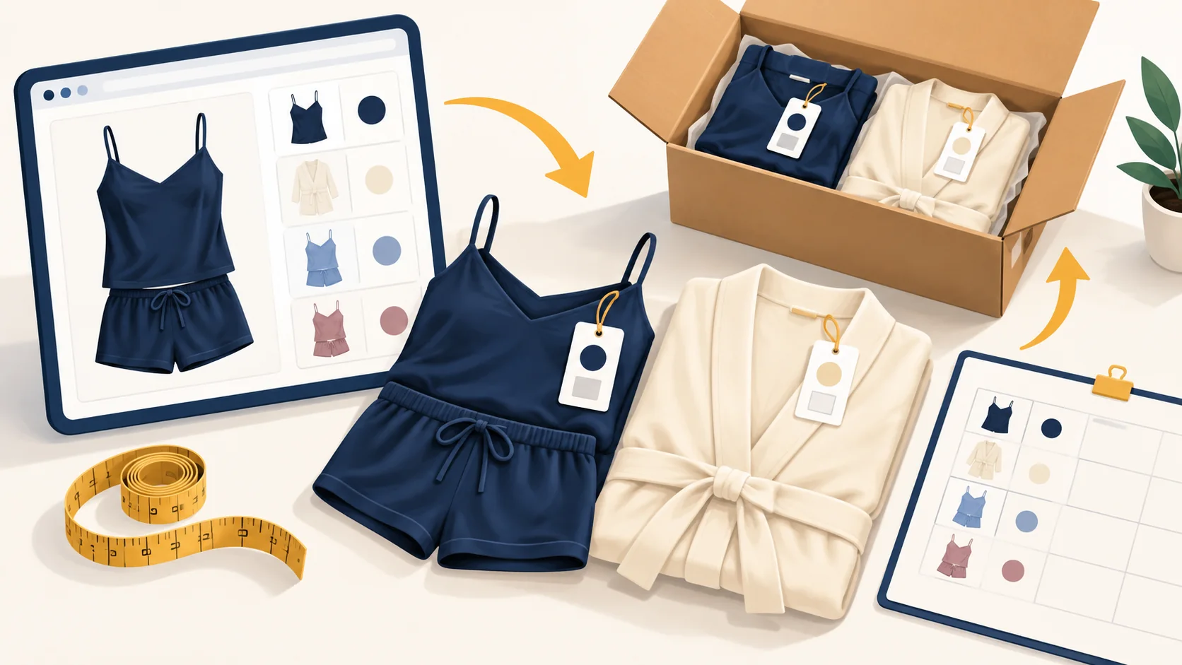 Illustration of a lingerie set and robe matched from an online listing to labeled garments in a delivery box.