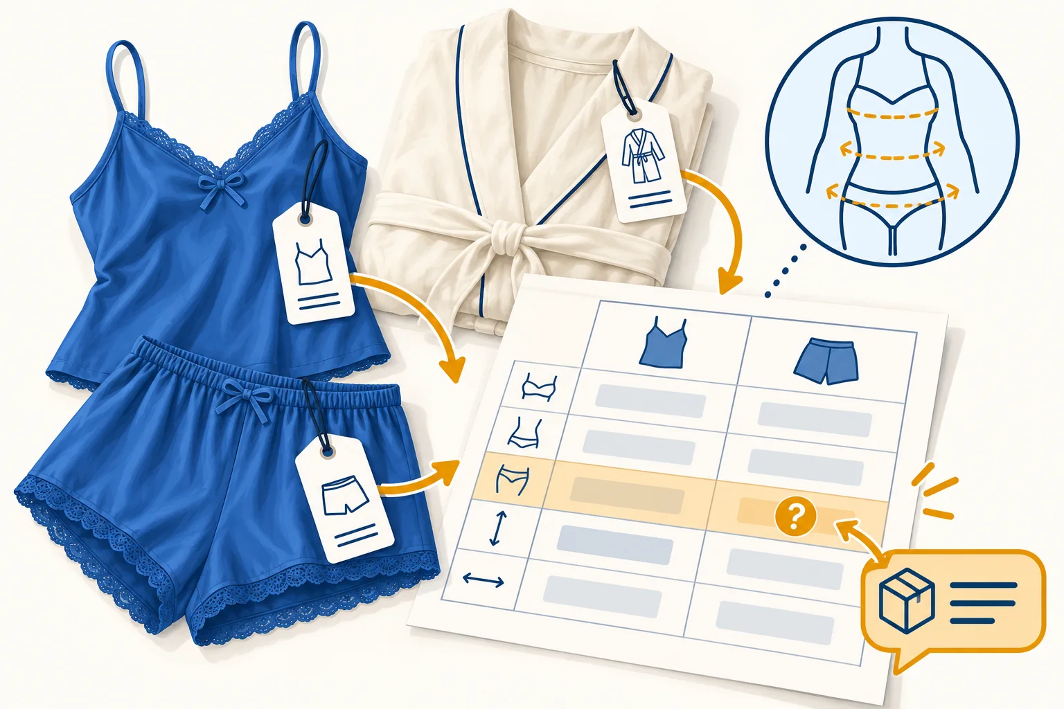 Illustrated size worksheet keeping separate garment variants, body measurements and an unresolved row.