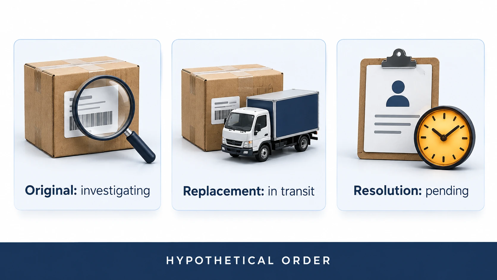 Illustrative original parcel investigating, replacement in transit and customer resolution pending.