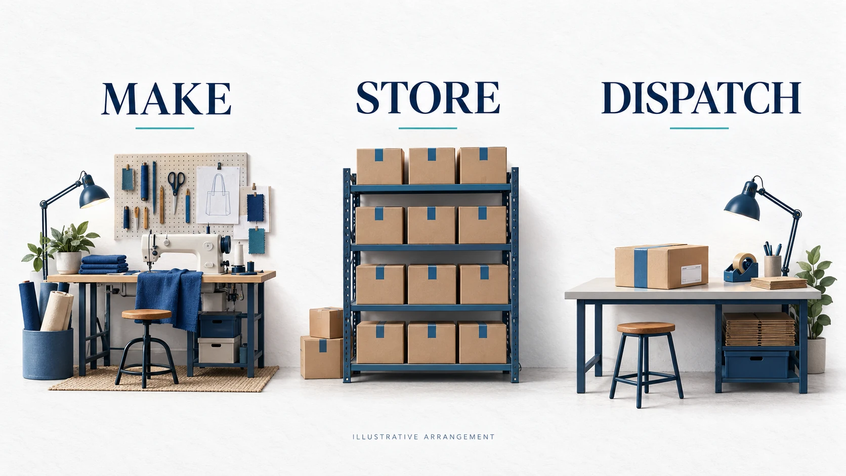 Illustrative manufacturing, storage and individual parcel dispatch as three distinct operations.